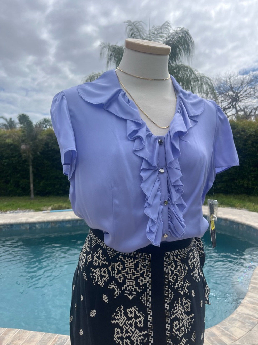 ANTONIO MELANI Lavender Ruffle-Front Short Sleeve SILK Blouse